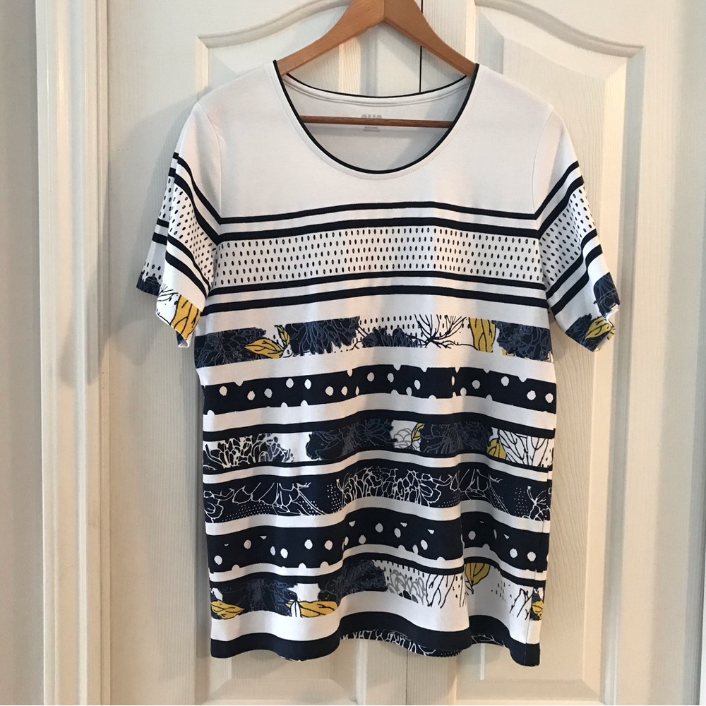 ALIA Women White/Blue Round Neck Short Sleeve Horizontal Stripes T-Shirt Size L
